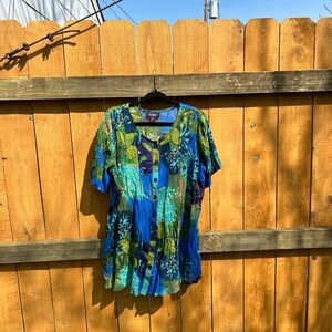 Roaman's Button-Up Blouse Short Sleeve Floral Blue Green Light Spring‎ Size 12W